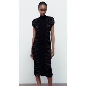 ZARA Womens Ruched Feminine Black Midi Dress Sz S High Neck & Cap Sleeves Whimsy